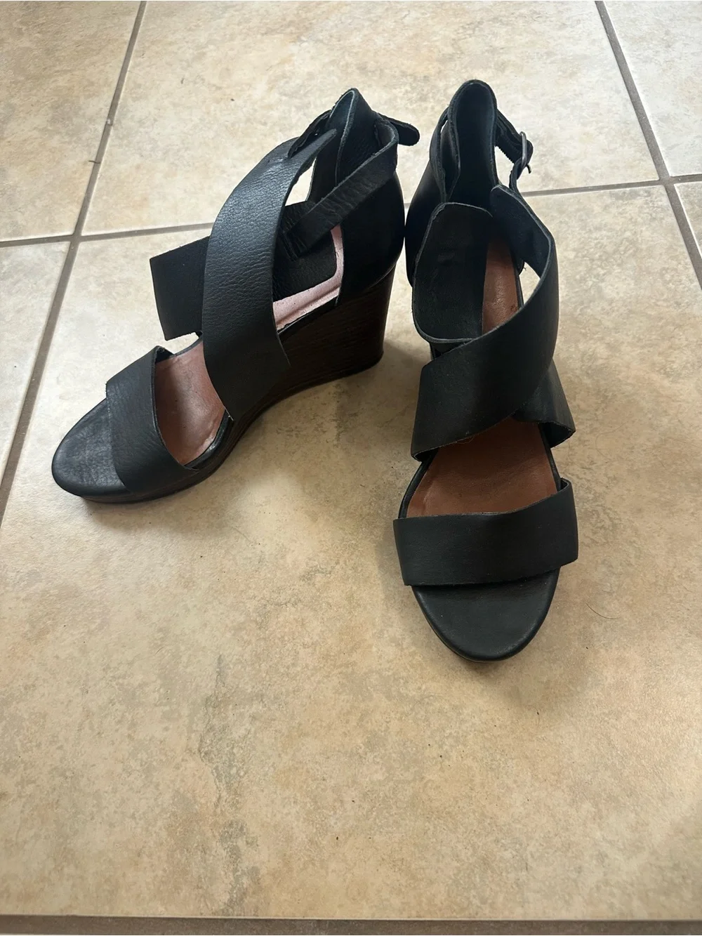 Lucky Brand Black Crisscross Wedge Sandals with Ankle Strap